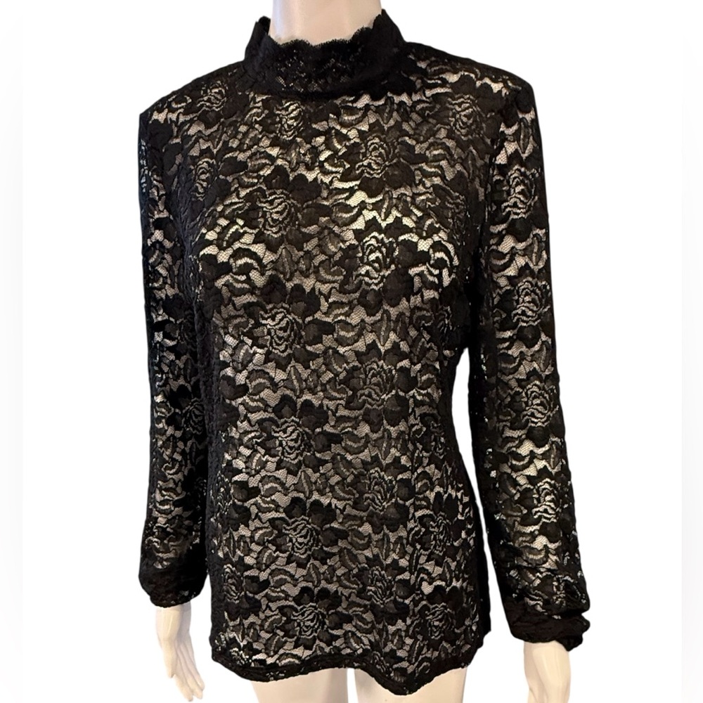 NWT Cupio Sheer Stretch Lace Top Large Black Wimsigoth Victorian Romantic